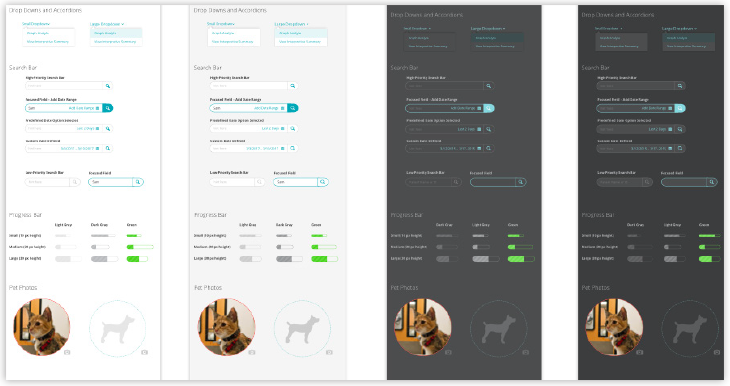 Final decisions were turned into a design library of components in light and dark mode for easy prototyping use. 